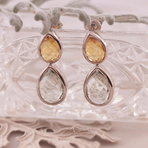Sterling Silver Green Amethyst and Citrine Drop Earrings