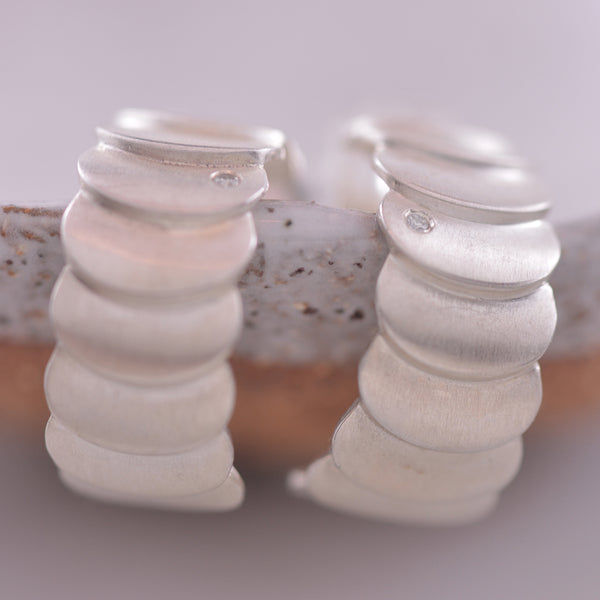 Sterling Silver and Diamond Textured Hoop Earrings