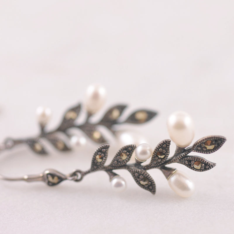 Marcasite, Freshwater Pearl, and Sterling Silver Drop Earrings