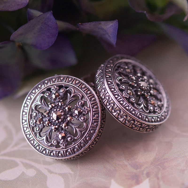 Marcasite Silver Button Earrings