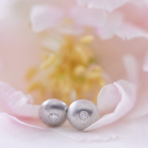 Round Brushed Sterling Silver Diamond Earring