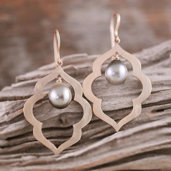 Silver Tahitian Pearl Drop Earrings in 9k Yellow Gold