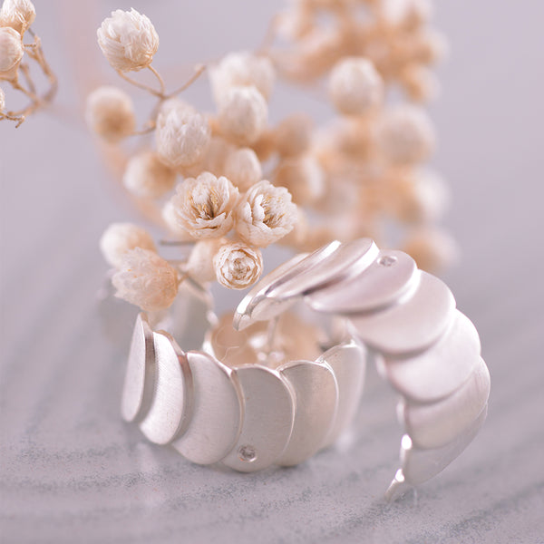 Sterling Silver and Diamond Textured Hoop Earrings