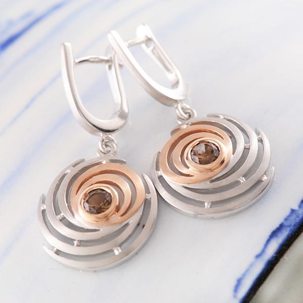 Smoky Quartz Swirl Earrings in Sterling Silver and Rose Gold Plating