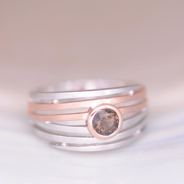 Smoky Quartz Swirl Ring in Sterling Silver and Rose Gold Plating
