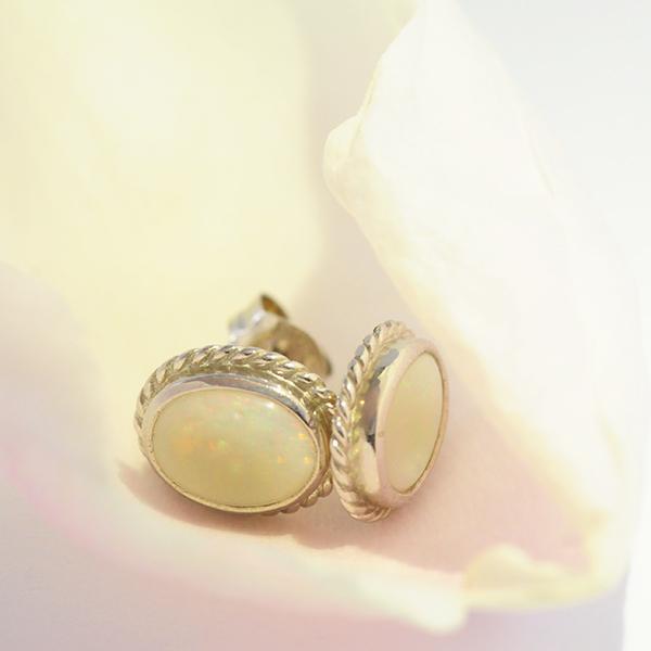 Solid Opal Oval Bezel Set Twist Stud Earrings in Sterling Silver