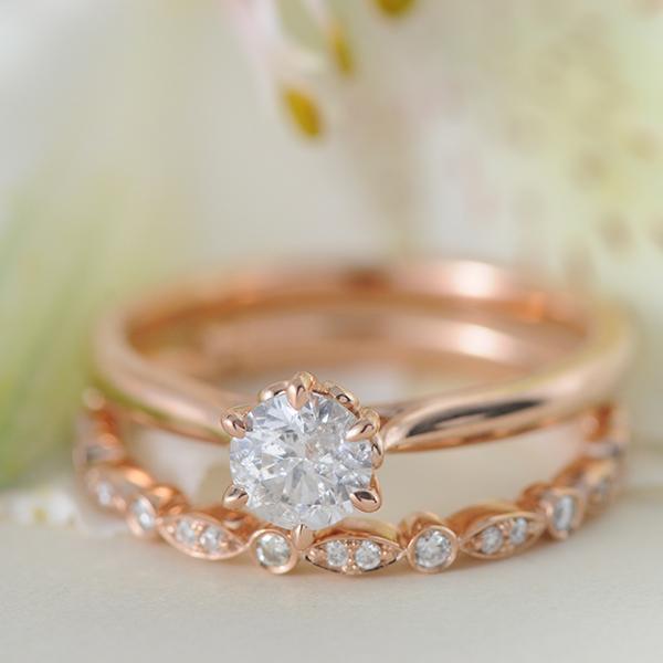 Solitaire Engagement Ring and Diamond Wedding Band in Rose Gold