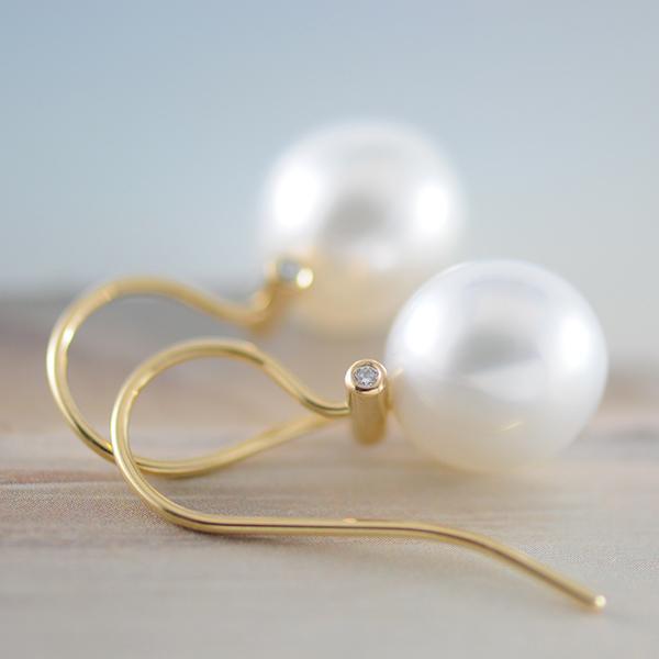 South-Sea Button Pearl Earrings With 18k Yellow Gold Shepherd Hooks & Diamonds