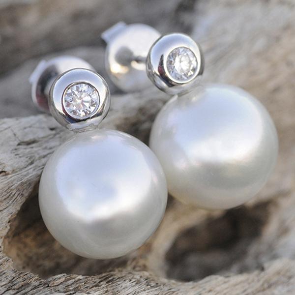 South Sea Pearl & Diamond Stud Earrings set in 18k White Gold