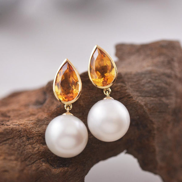 9ct Yellow Gold Citrine and White South Sea Pearl Stud Earrings