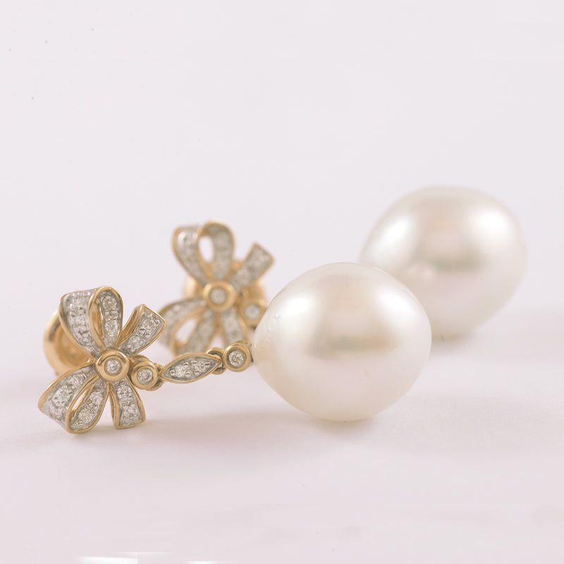 9ct Yellow Gold South Sea Pearl and Diamond Bow Style Stud Earrings