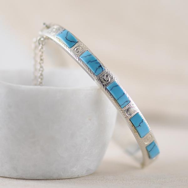 Sterling Silver Engraved Bangle with Turquoise & safety chain
