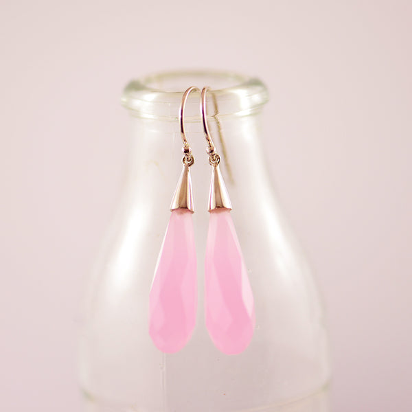 Sterling Silver Briolette Pink Obsidian Drop Earrings