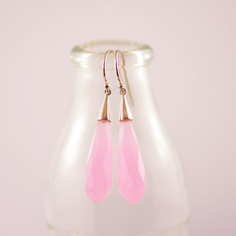 Sterling Silver Briolette Pink Obsidian Drop Earrings