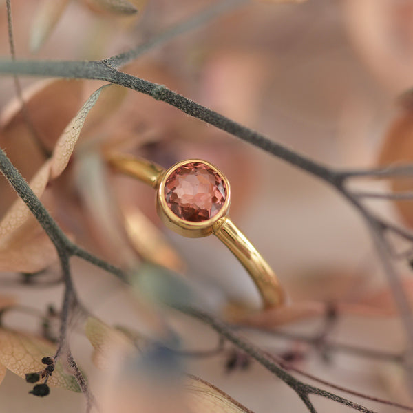 Yellow Gold Round Pink Tourmaline Bezel Set Ring