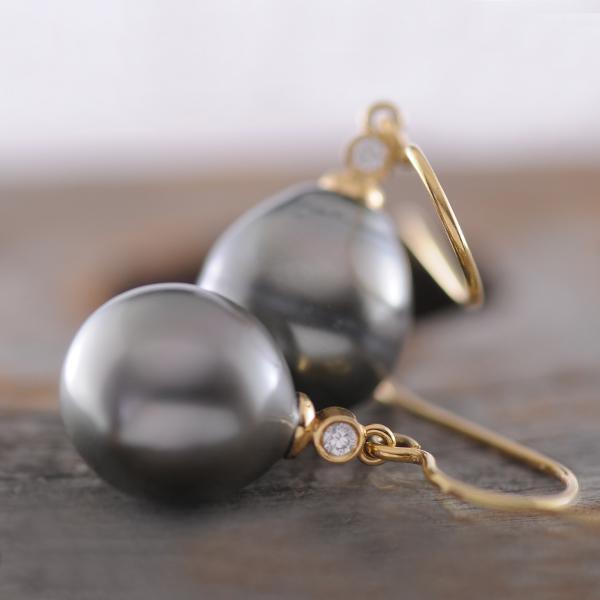 Tahitian Pearl and Diamond Earrings with 18k Yellow Gold Shepherd Hooks