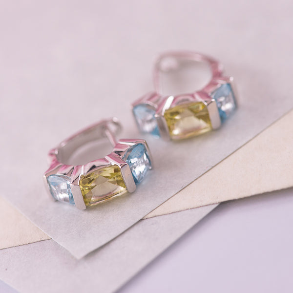 Sterling Silver Lime Quartz and Topaz Huggie Earrings
