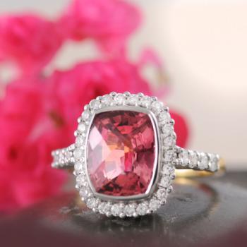 Tourmaline Pink Checkerboard Faceted Ring with Diamonds