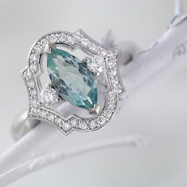 "NEVAEH" - Pale Teal Marquise Tourmaline and Diamond Ring in 18ct White Gold
