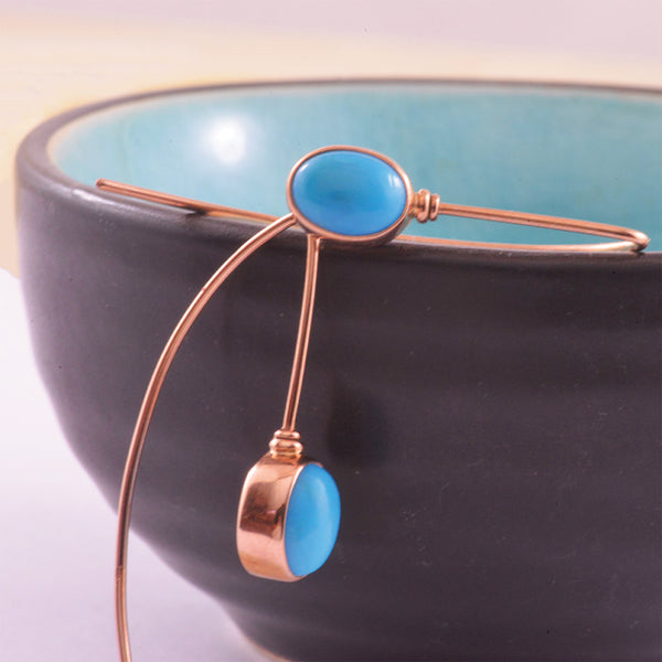 9k Turquiose Oval Rose Gold Drop Bezel Set Earrings