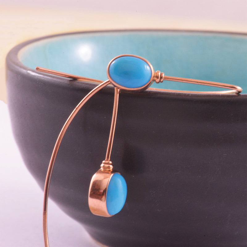 9k Turquiose Oval Rose Gold Drop Bezel Set Earrings
