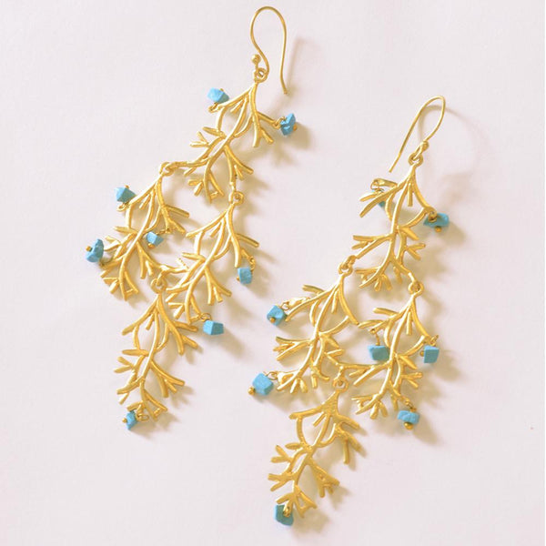 Gold Plated Branch Drop Earrings with Turquoise