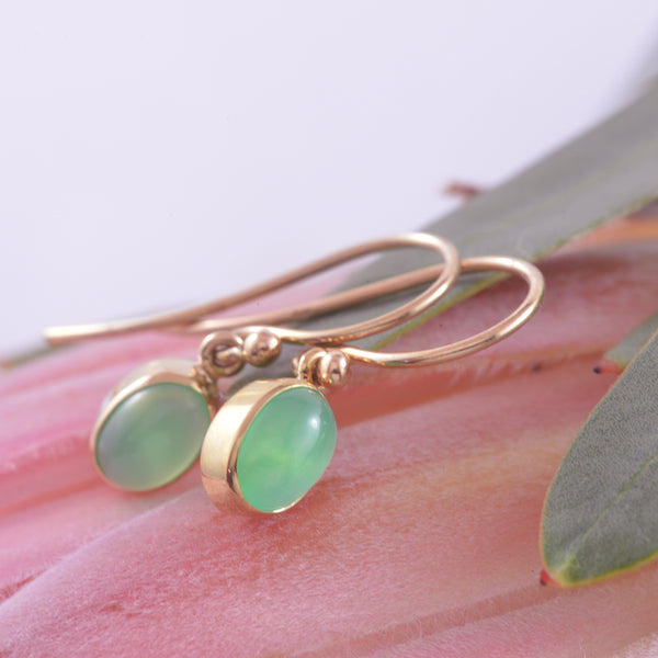 9k Yellow Gold Oval Chrysoprase Drop Earrings