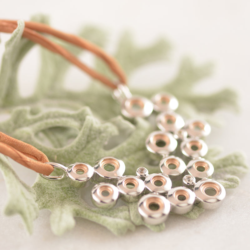 Sterling Silver and Rose Gold Plated with 3 Small White Sapphires on Tan Silk Necklace
