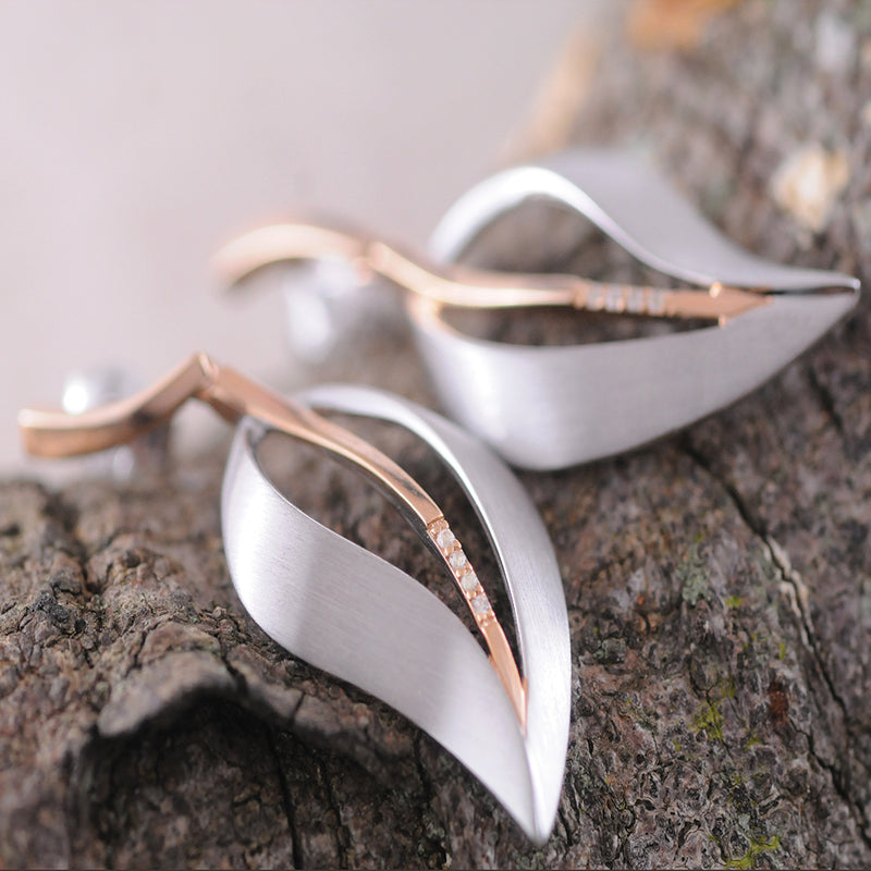 Sterling Silver and Rose Gold Plated Leaf Earrings with White Sapphires