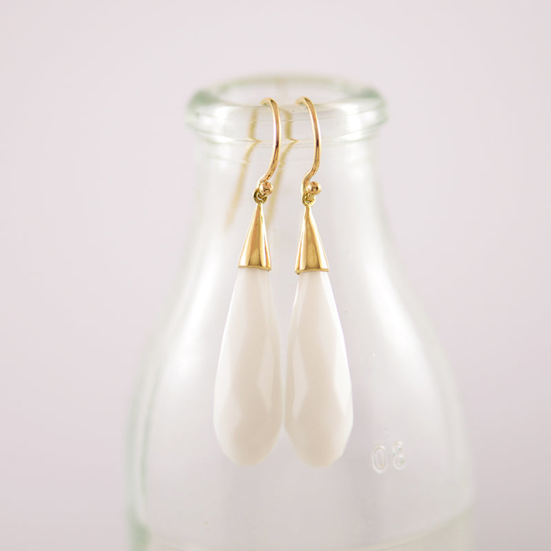 9ct Yellow Gold Briolette White Obsidian Drop Earrings